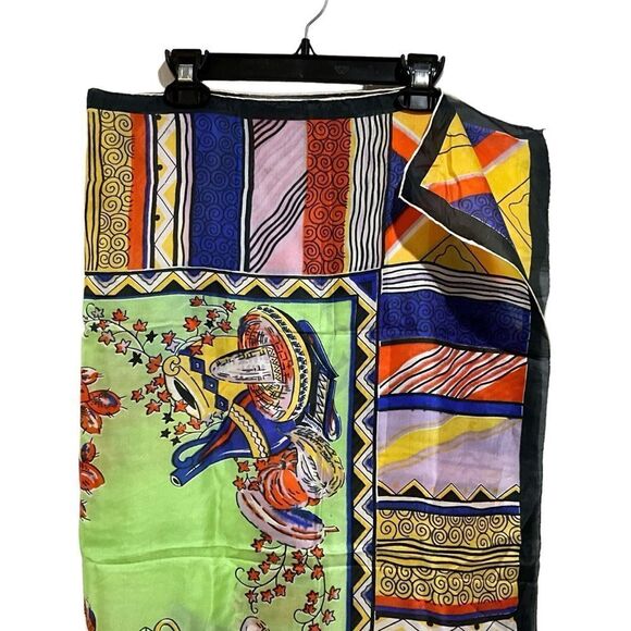 Scarf 100% Silk Mexican Fiesta Multi-Color Square Hand Rolled Hem 32” X 35” - Picture 3 of 10